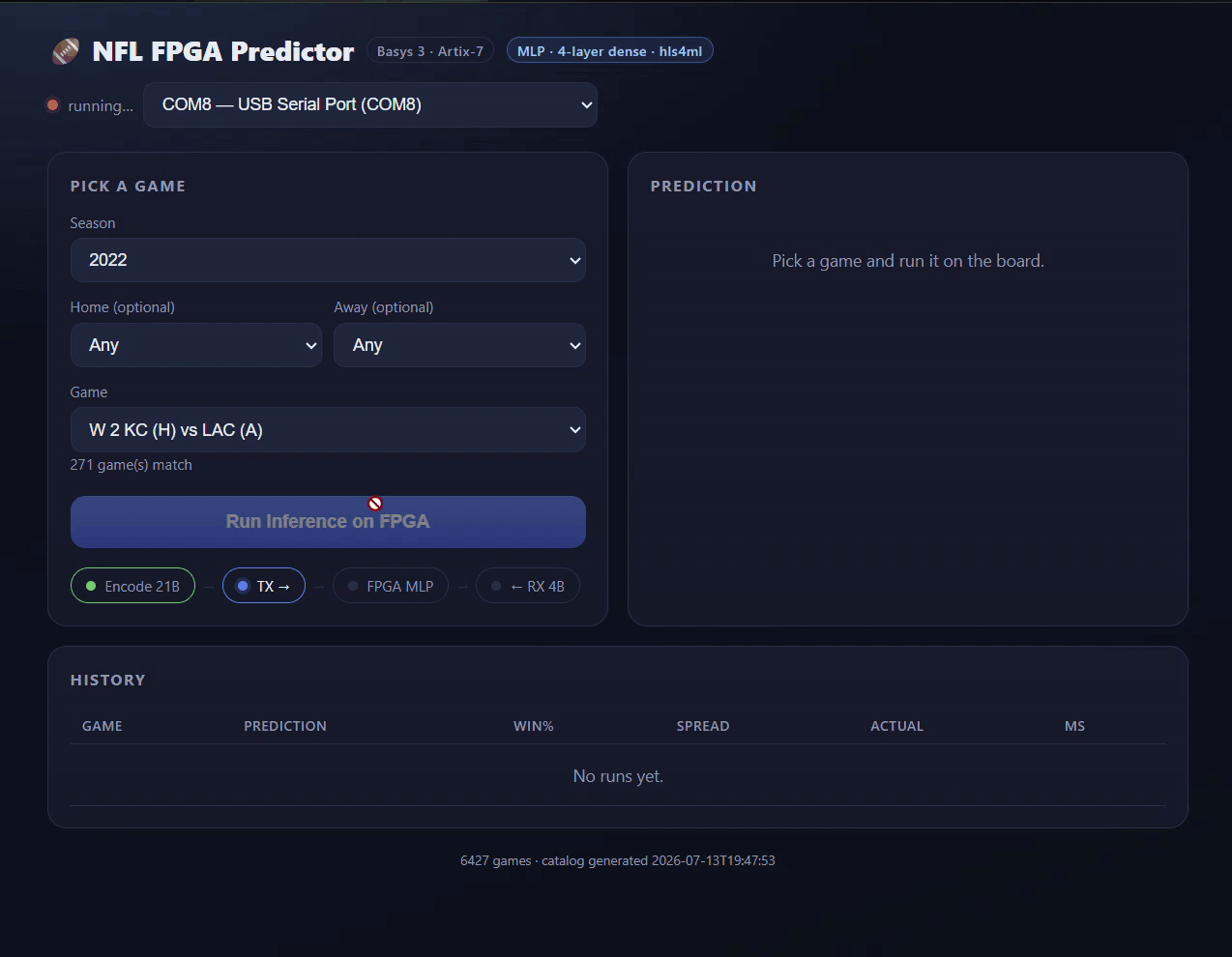 NFL accelerator UI streaming features to the FPGA over UART and displaying the returned prediction
